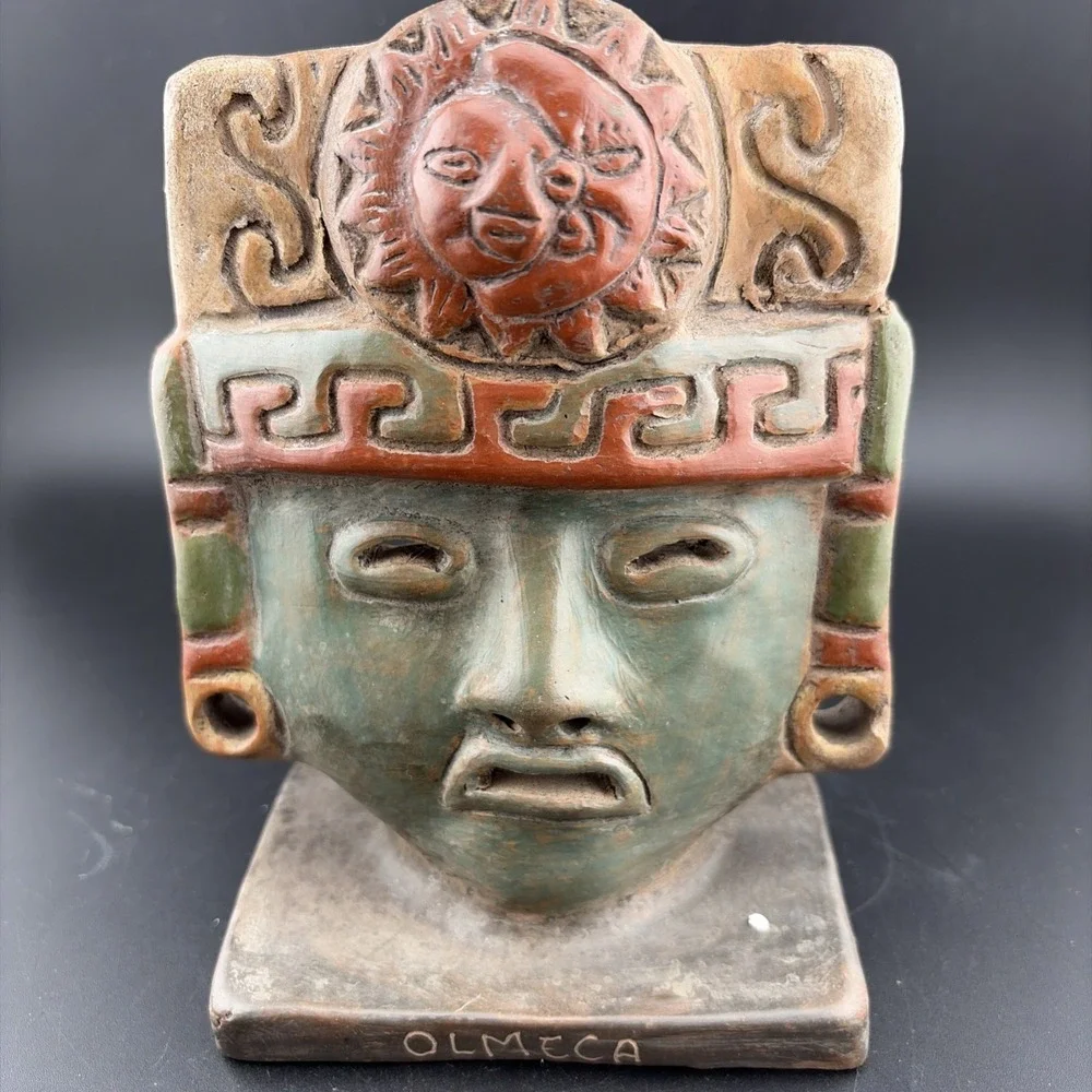 Tribal Mexican Aztec Mayan Face Mask Terracotta Clay Hand Painted 5.5
